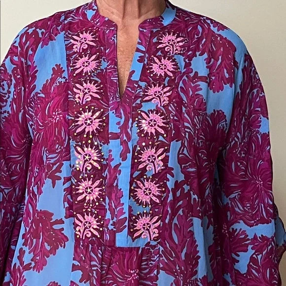Lilly Pulitzer embroidered kaftan Burgundy/ blue size L/XL , full nude slip nwt - Picture 4 of 11